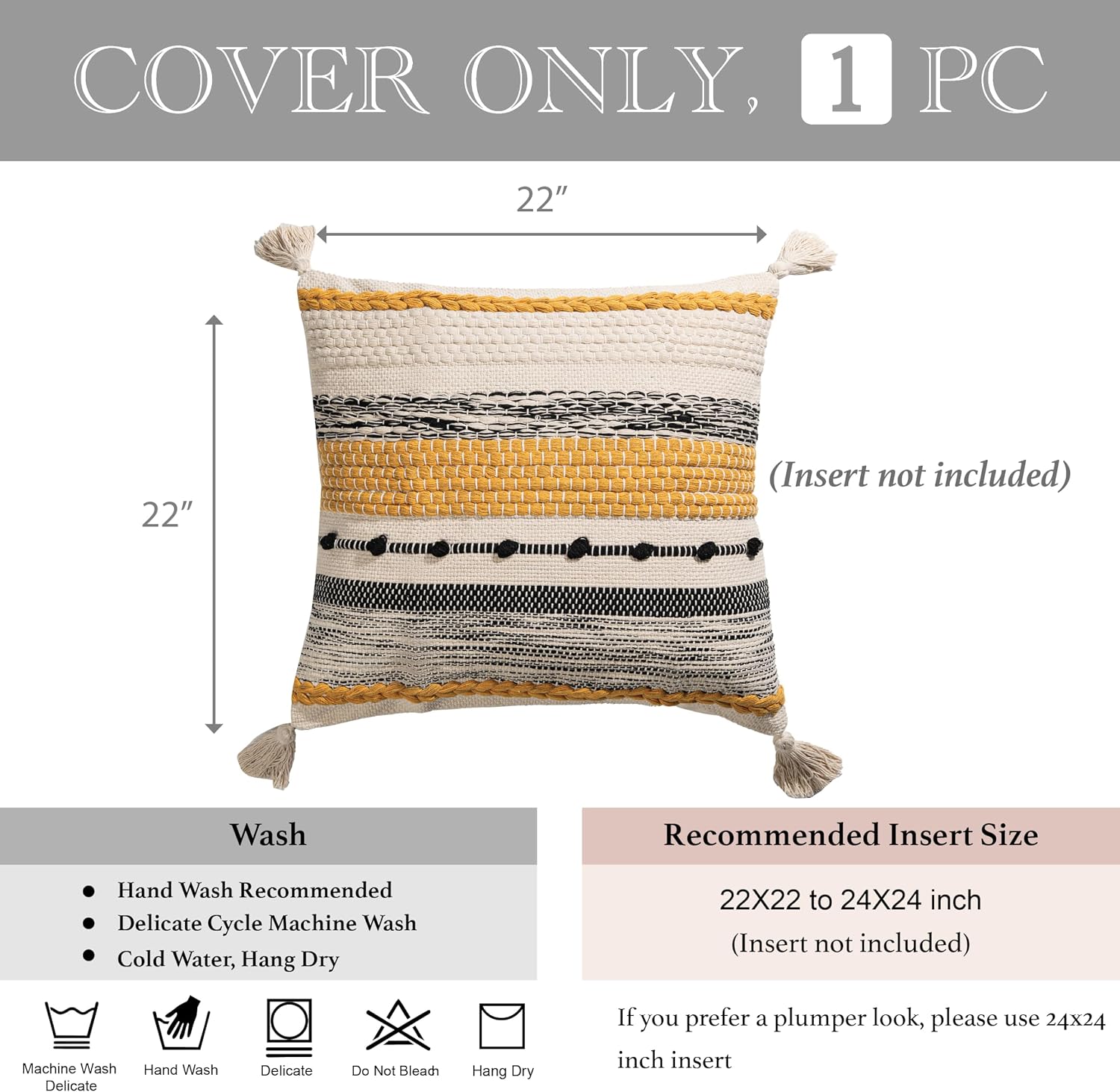 BlissBlush Boho Decorative Throw Pillow Cover 22x22 Square Yellow Mustard Accent Pillowcase Tassels Farmhouse Cushion for Couch Sofa…