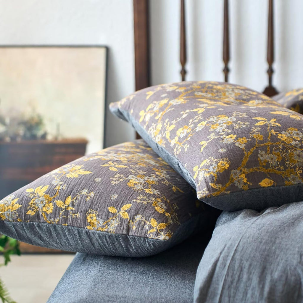 mixinni Vintage Floral Duvet Cover King Set - Gold Jacquard & Grey Reversible, 100% Yarn-Dyed Double-Layer Cotton, Breathable & Luxurious F…
