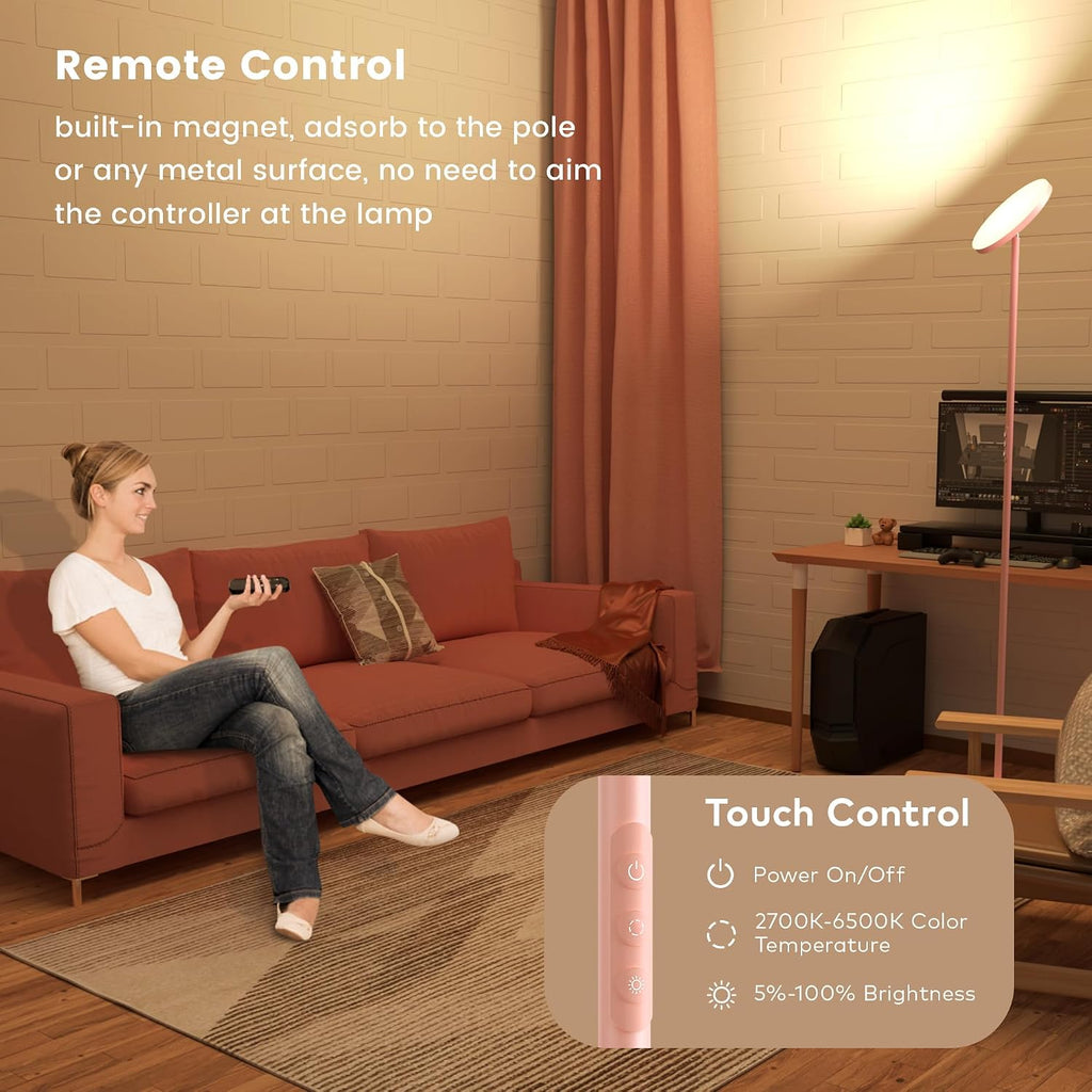 Pink Dimmable Floor Lamp, Bright 36W 3500LM Standing Lamp with Remote Touch Control, 2700K Soft White to 6500K Cool White Adjustable, LED…