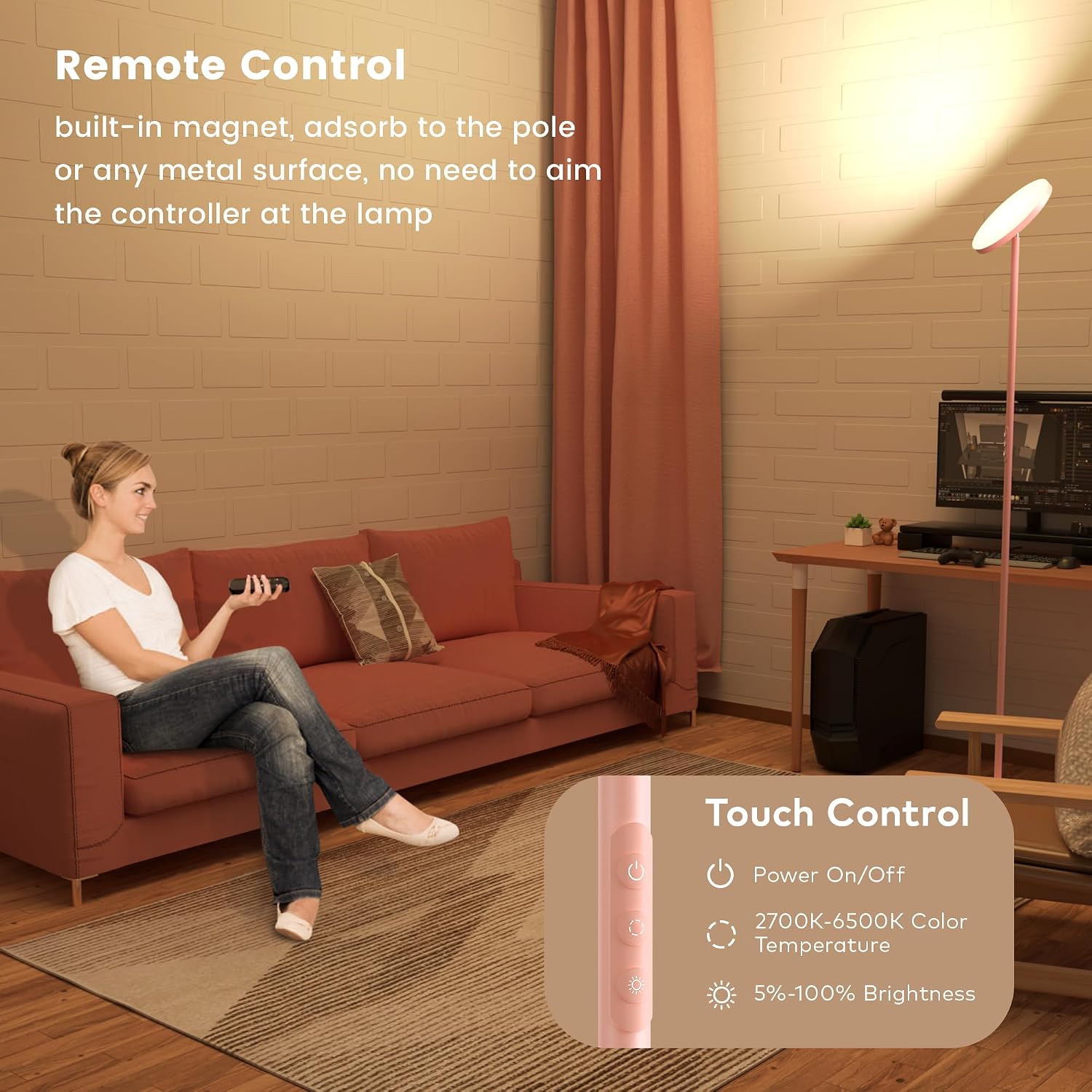 Pink Dimmable Floor Lamp, Bright 36W 3500LM Standing Lamp with Remote Touch Control, 2700K Soft White to 6500K Cool White Adjustable, LED…