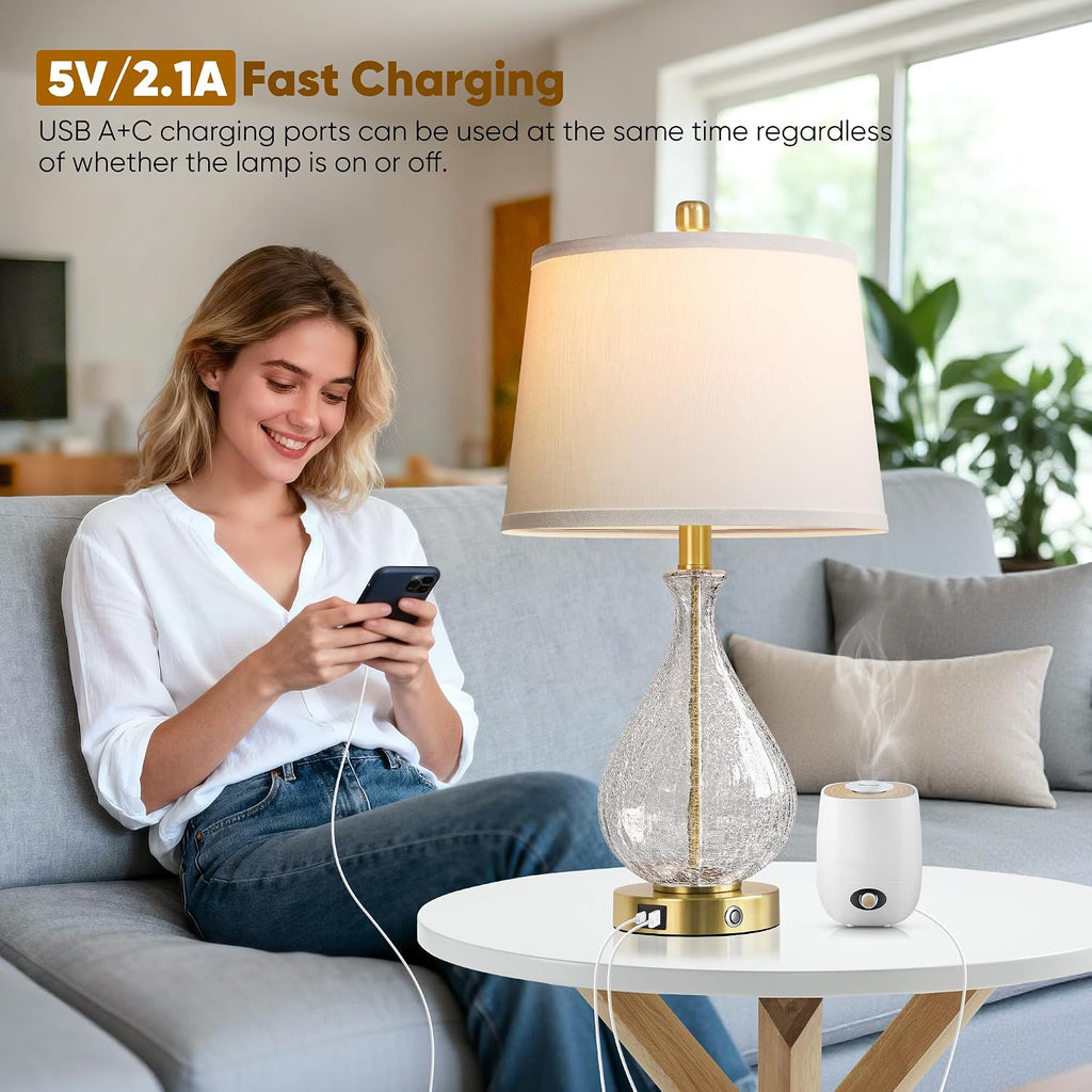 QiMH Glass Table Lamps for Living Room, Bedside Lamps Set of 2 with USB A+C Charging Ports, 3 Way Dimmable Touch Lamps for Nightstand…