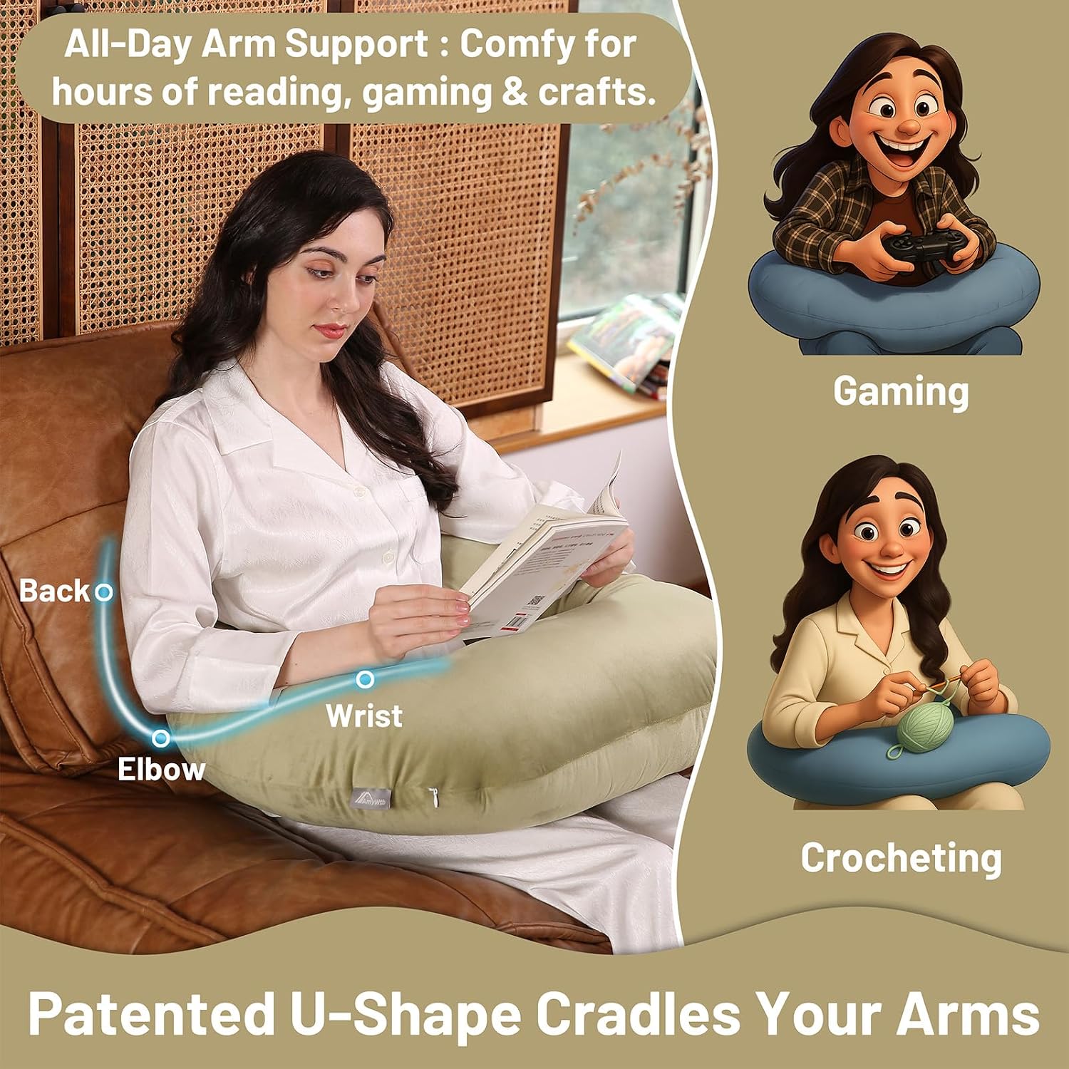 Ergonomic U-Shape Gaming & Lap Pillow - Crochet Pillow & Reading Support Pillow with Arm Relief, Comfort for Gamers, Crafters & Book…