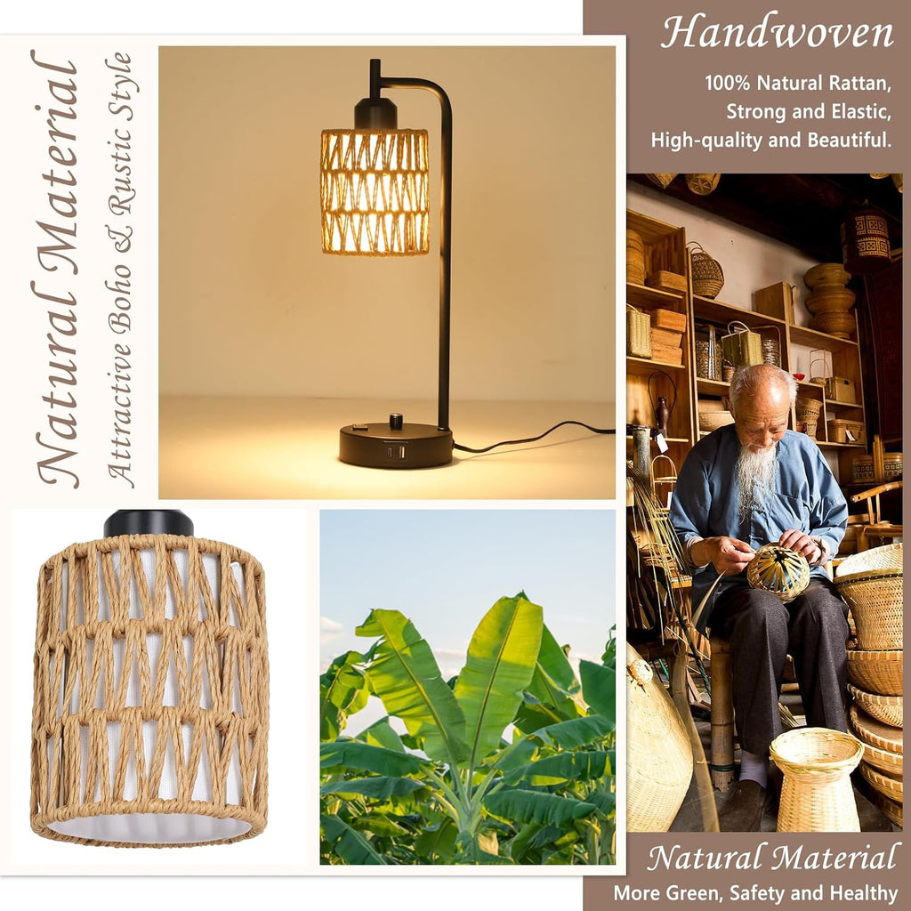 Rattan Table Lamps for Living Room Set of 2, Boho Bedside Lamps with LED Bulbs, USB Charging Ports and Outlet, Farmhouse Nightstand Lamp…