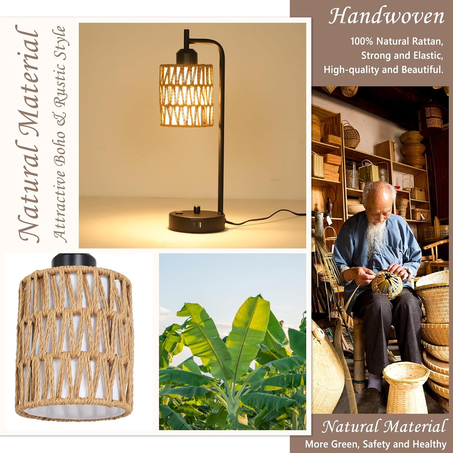 Rattan Table Lamps for Living Room Set of 2, Boho Bedside Lamps with LED Bulbs, USB Charging Ports and Outlet, Farmhouse Nightstand Lamp…