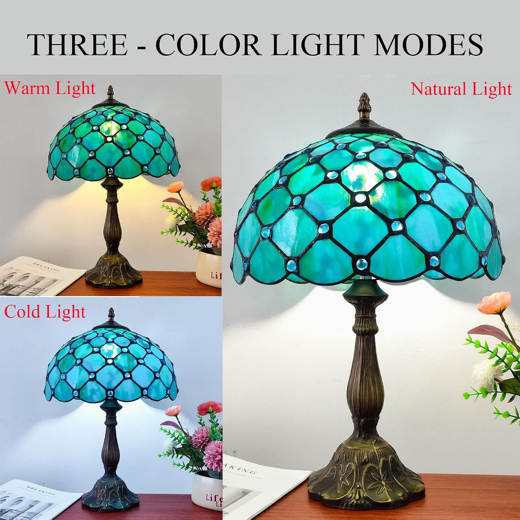 Tiffany Lamp Stained Glass Table Lamp Antique Bedside Desk Reading Light 3-Way Color LED Living Room Nightstand Light 12X12X19 Inches…