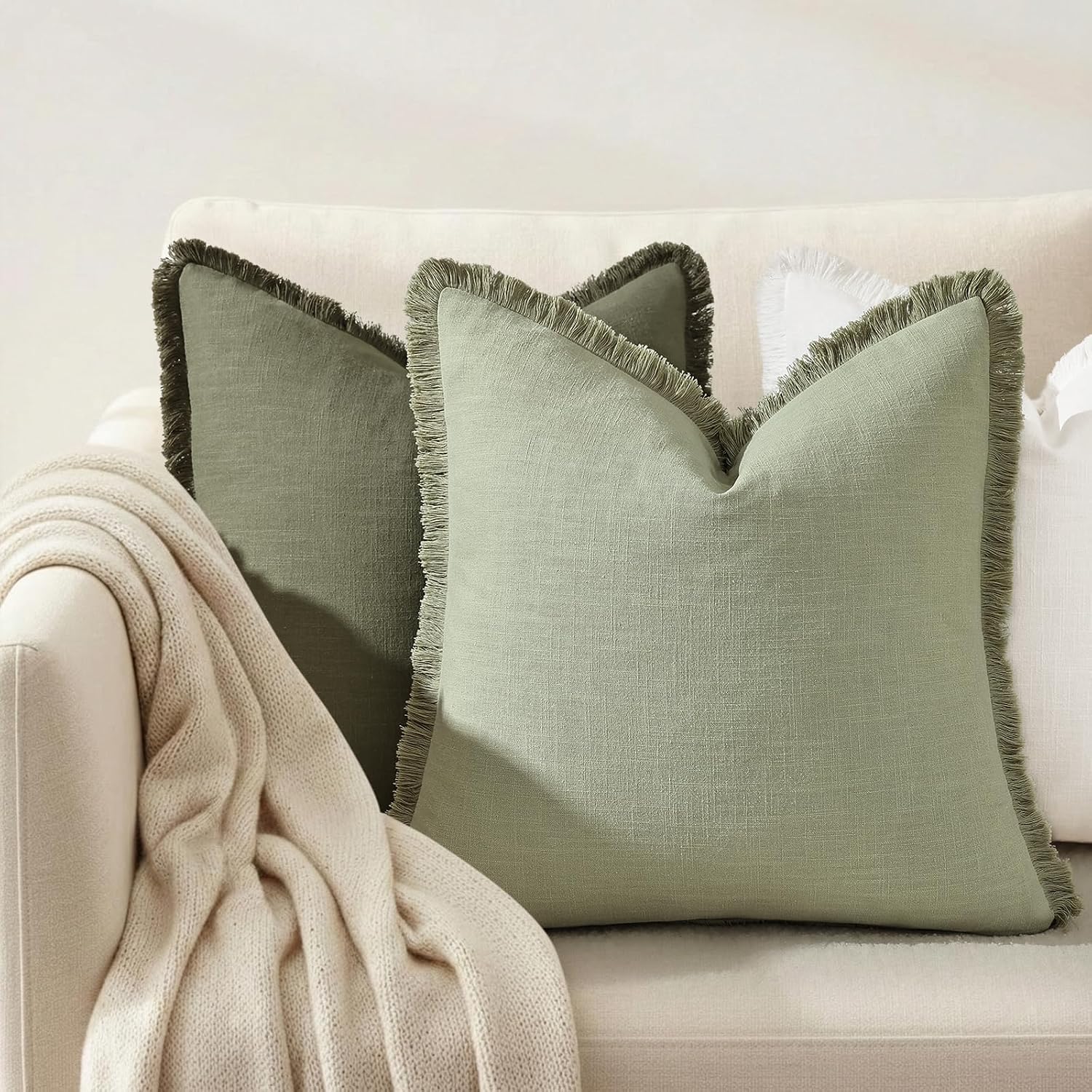 decorUhome Summer Decorative Neutral Linen Fringe Throw Pillow Covers Set of 2 Sage Green Pillow Covers with Tassels Soft Farmhouse Boho Ac…