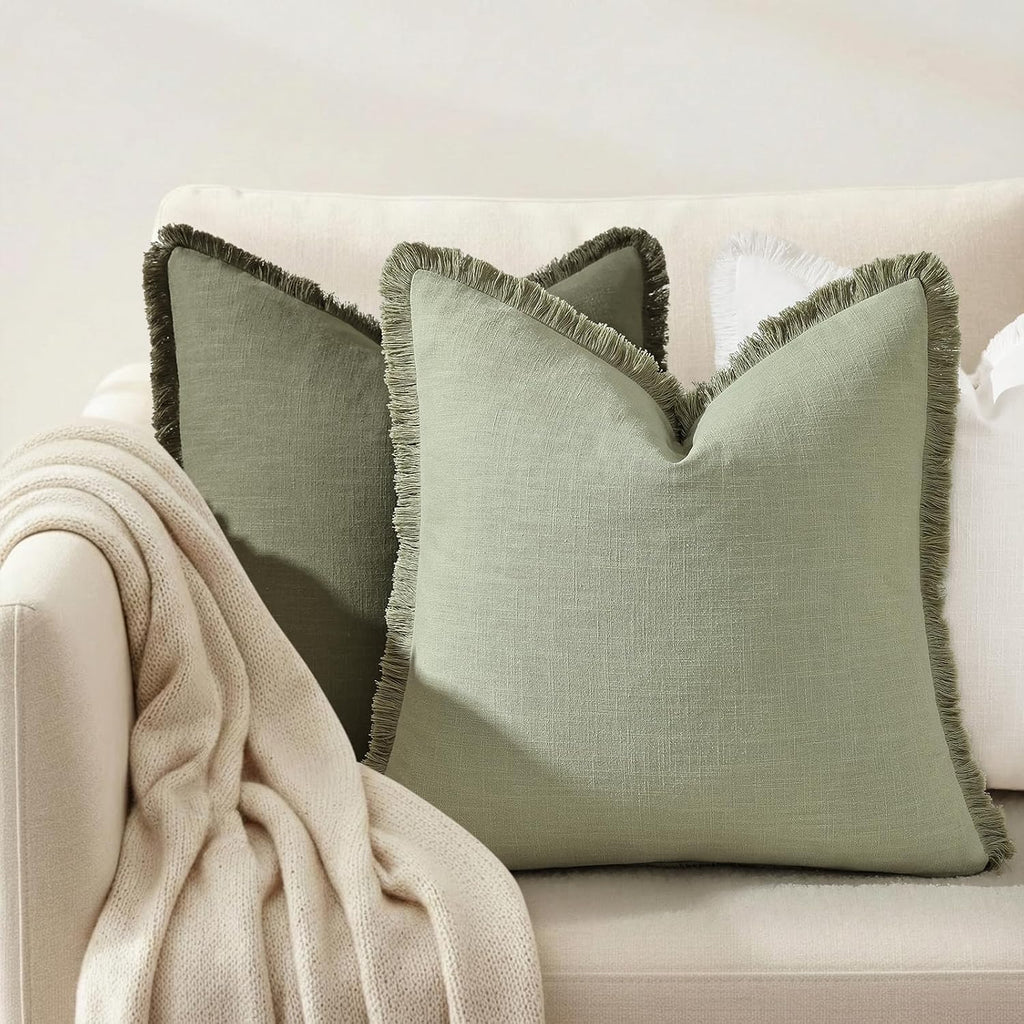 decorUhome Summer Decorative Neutral Linen Fringe Euro Sham Throw Pillow Covers Set of 2 Sage Green Pillow Covers with Tassels Soft Farmhou…