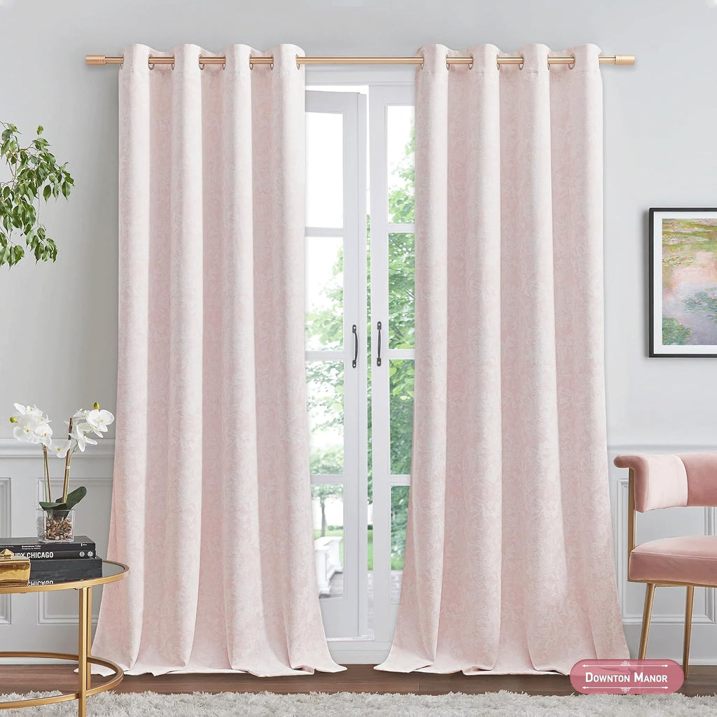 Beauoop Pink Floral Jacquard Blackout Curtains 84 Inches Long 2 Panels for Bedroom Living Room Chenille Flower Room Darkening Thermal…