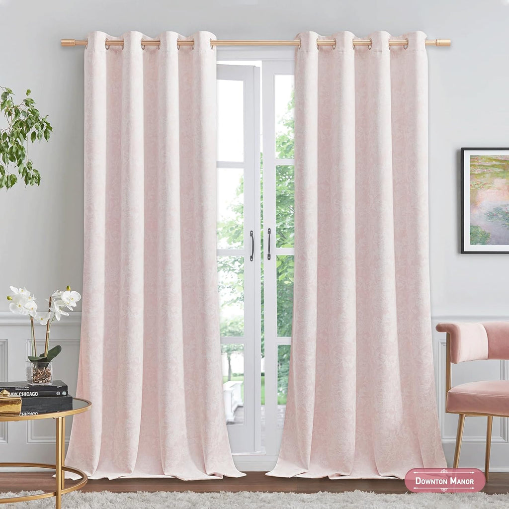 Beauoop Pink Floral Jacquard Blackout Curtains 108 Inches Long 2 Panels for Bedroom Living Room Chenille Flower Room Darkening Thermal…