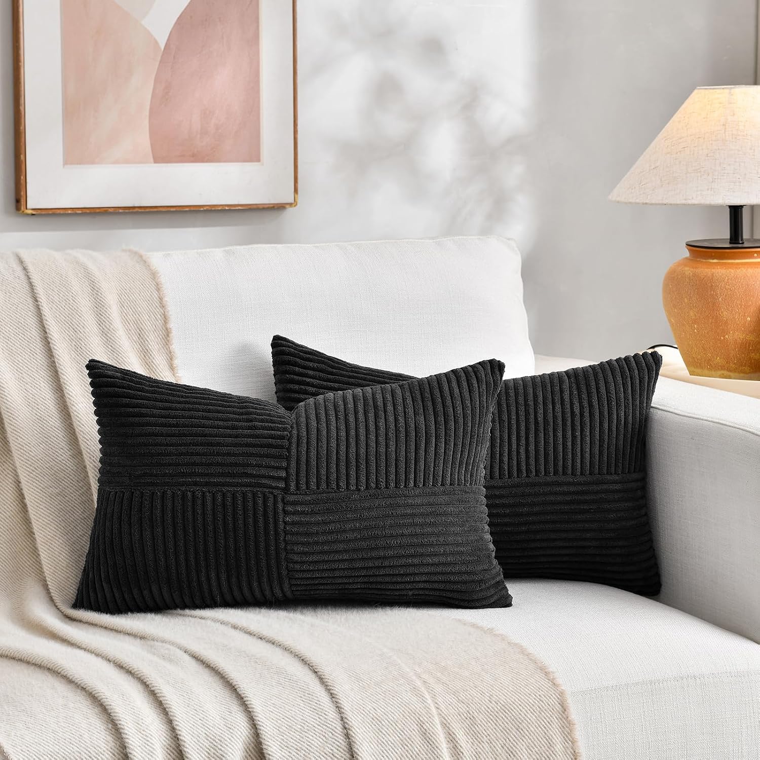Fancy Homi 2 Packs Black Lumbar Decorative Throw Pillow Covers 12x20 Inch for Living Room Couch Bed Sofa, Rustic Farmhouse Boho Home…