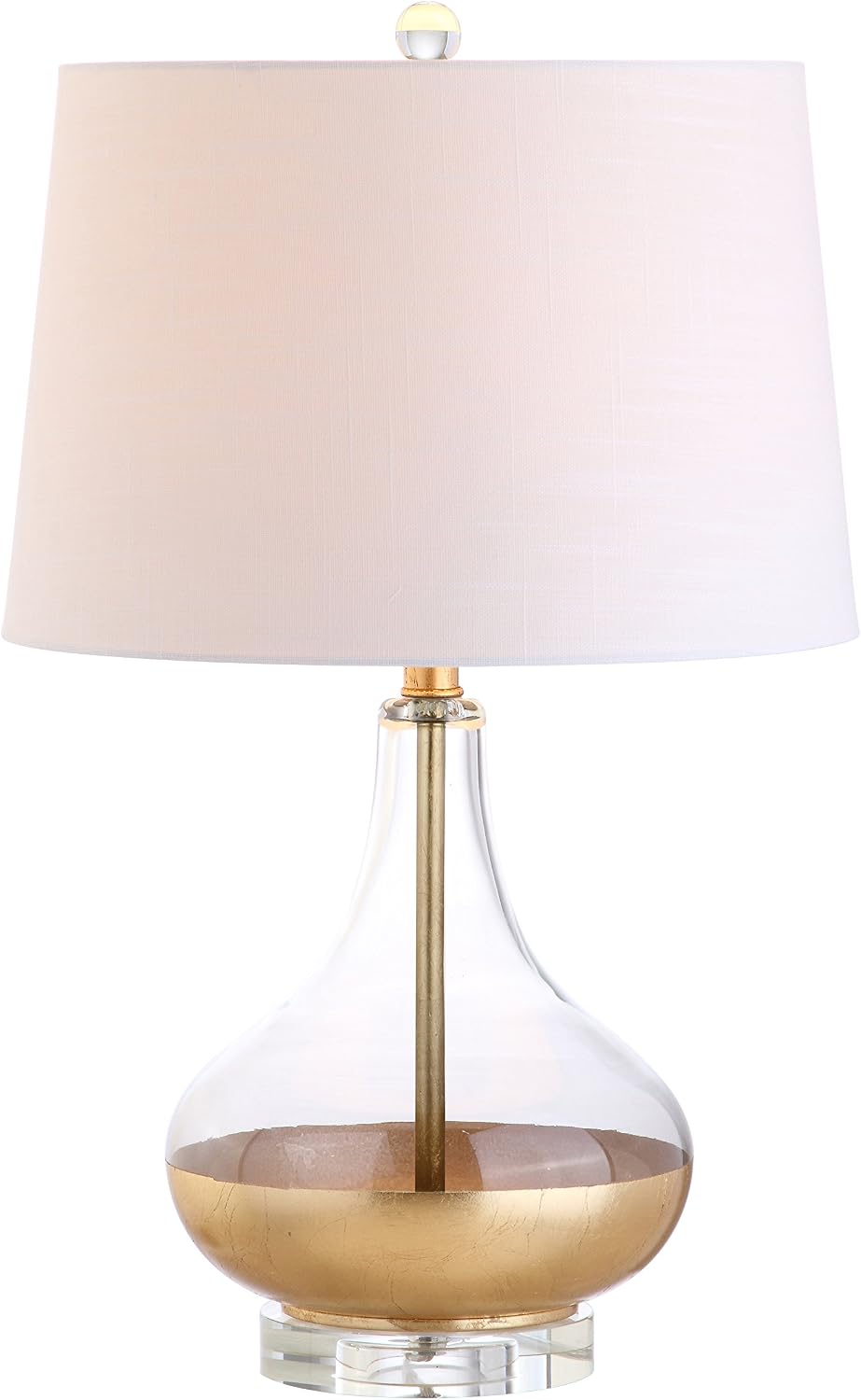 JONATHAN Y 24.5" Gold Painted Glass Table Lamp, Modern Glam Teardrop Nightstand Lamp with White Linen Drum Shade and Crystal Base, UL…