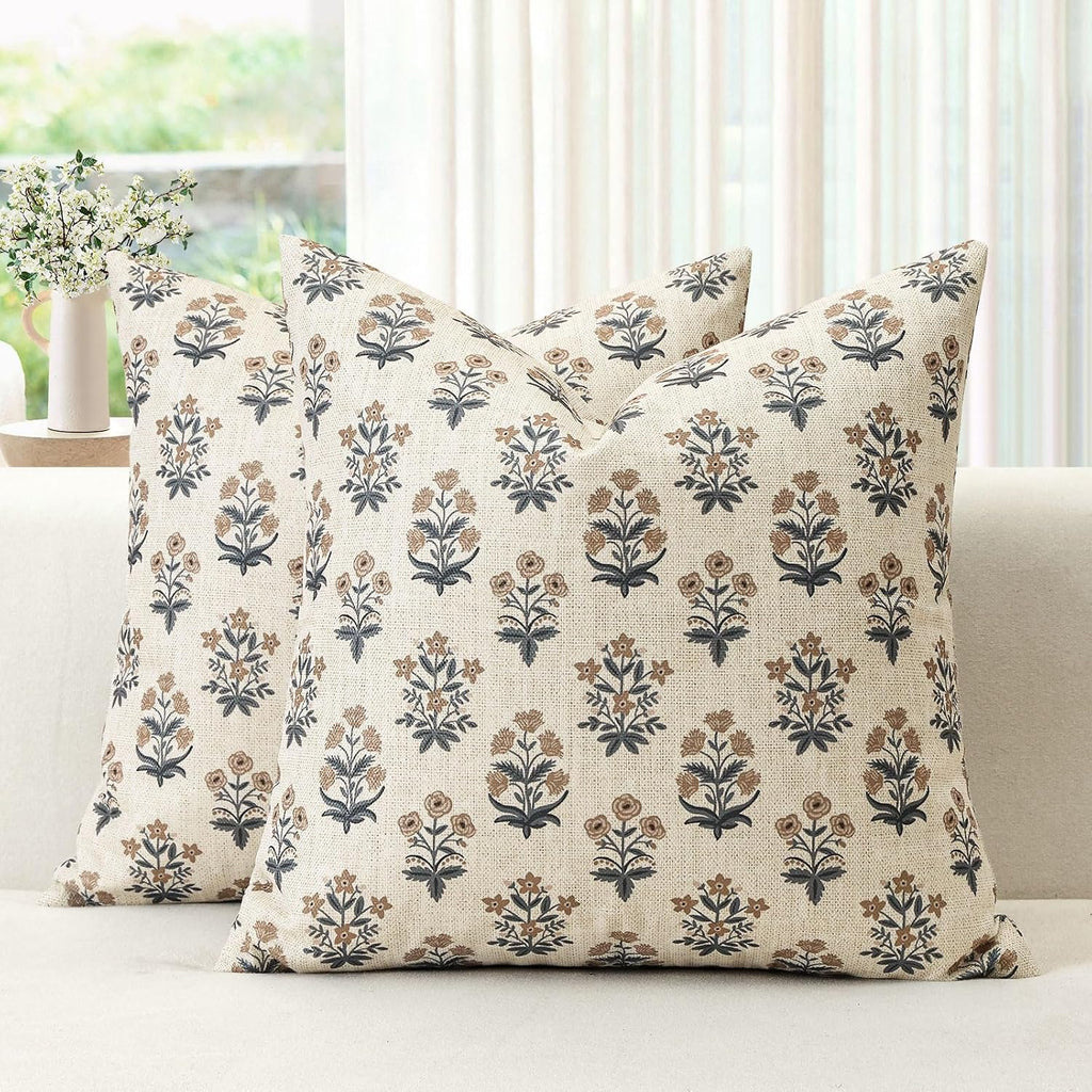 OTOSTAR Floral Print Pillow Covers 16x16 Inch Pack of 2 Double-Sided Brown Grey Flower Square Throw Pillow Covers Farmhouse Rustic…
