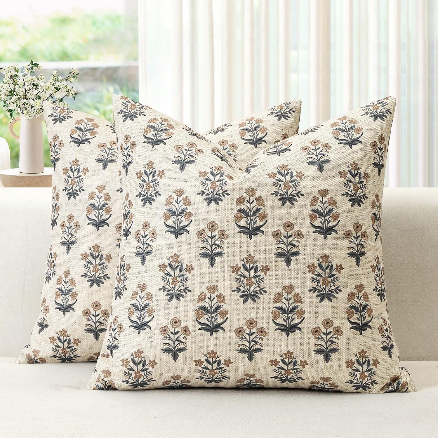 OTOSTAR Floral Print Pillow Covers 16x16 Inch Pack of 2 Double-Sided Brown Grey Flower Square Throw Pillow Covers Farmhouse Rustic…