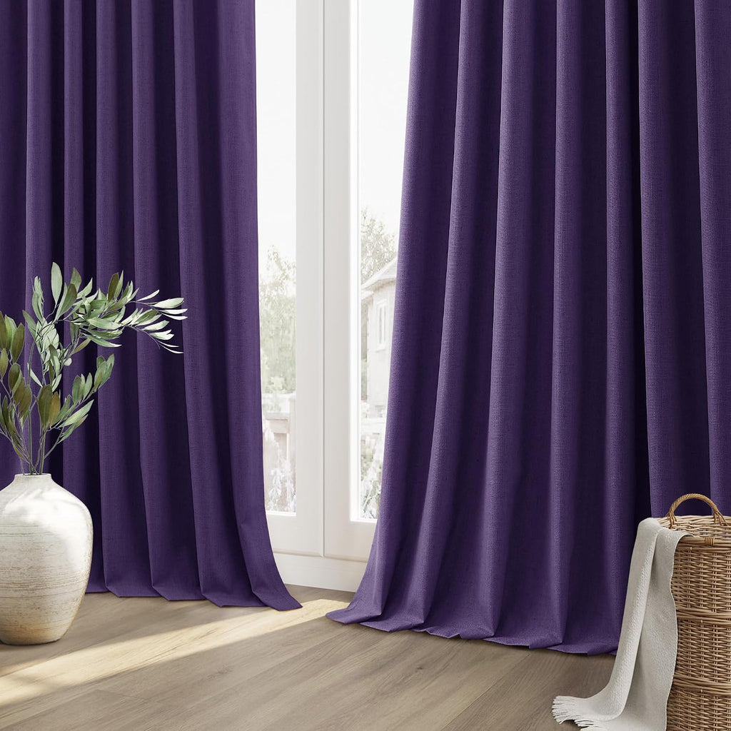 Guken Purple 100% Blackout Linen Curtains 96 Inch Length 2 Panels Set for Living Room Bedroom Back Tab/Rod Pocket Thermal Insulated Farmhou…