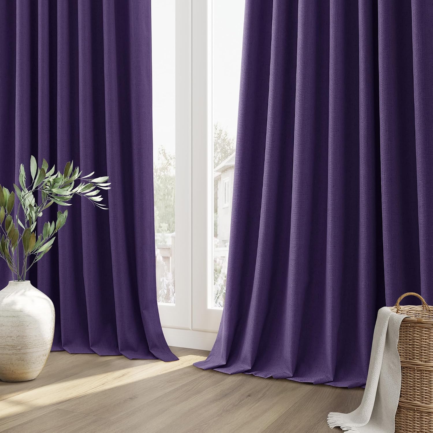 Guken Purple 100% Blackout Linen Curtains 96 Inch Length 2 Panels Set for Living Room Bedroom Back Tab/Rod Pocket Thermal Insulated Farmhou…