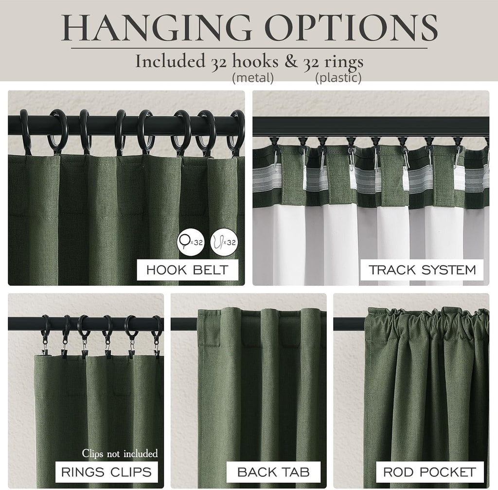 Qjmydeco Black Out Curtains for Bedroom Aesthetic 104 Inch Windows, 105 Inches Length Linen Room Darkening Olive Green Canvas Look Classroo…