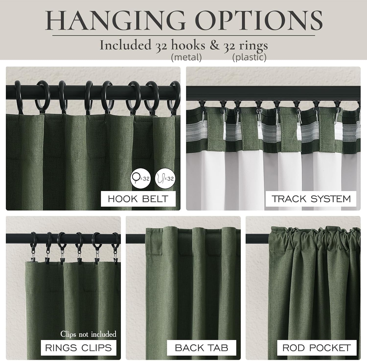 Qjmydeco Black Out Curtains for Bedroom Aesthetic 104 Inch Windows, 105 Inches Length Linen Room Darkening Olive Green Canvas Look Classroo…