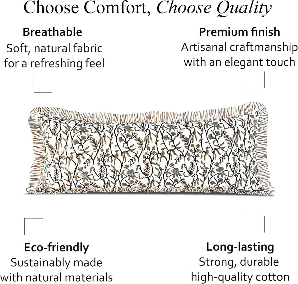 Cottonprintclub CPC Hand Block Print Cocoa Vine Ruffle Sham Pillow Cover 36" x 14" inch Hidden Zipper Decorative Pillowcase for Couch, Bed,…