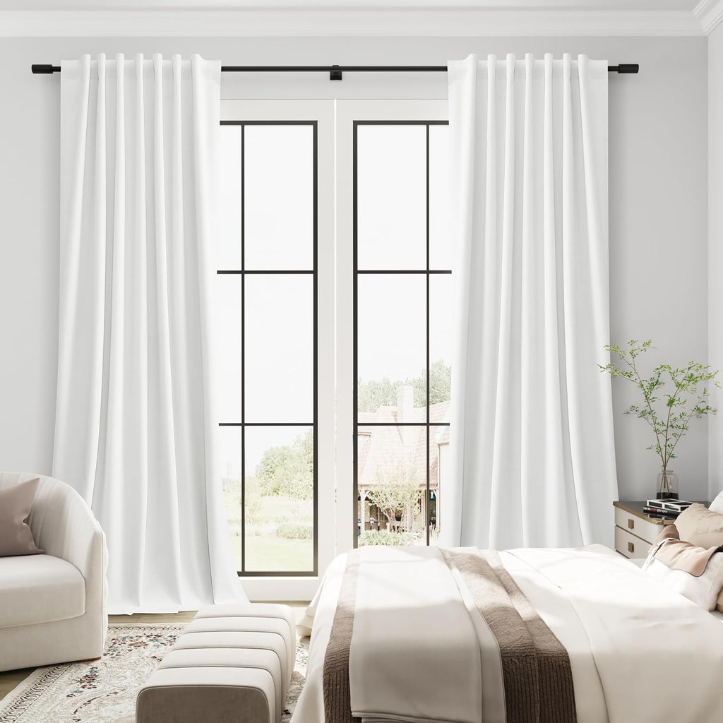 Guken Off White 100% Blackout Linen Curtains for Bedroom 108 Inches Long 2 Panels Room Darkening Farmhouse Nature Back Tab Hook Belt Home D…