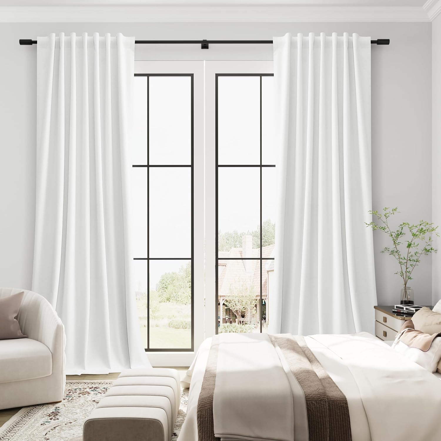 Guken Off White Linen 100% Blackout Curtains for Bedroom Windows 84 Inches Long Back Tab Black Out Room Darkening Sliding Door Thermal Curt…