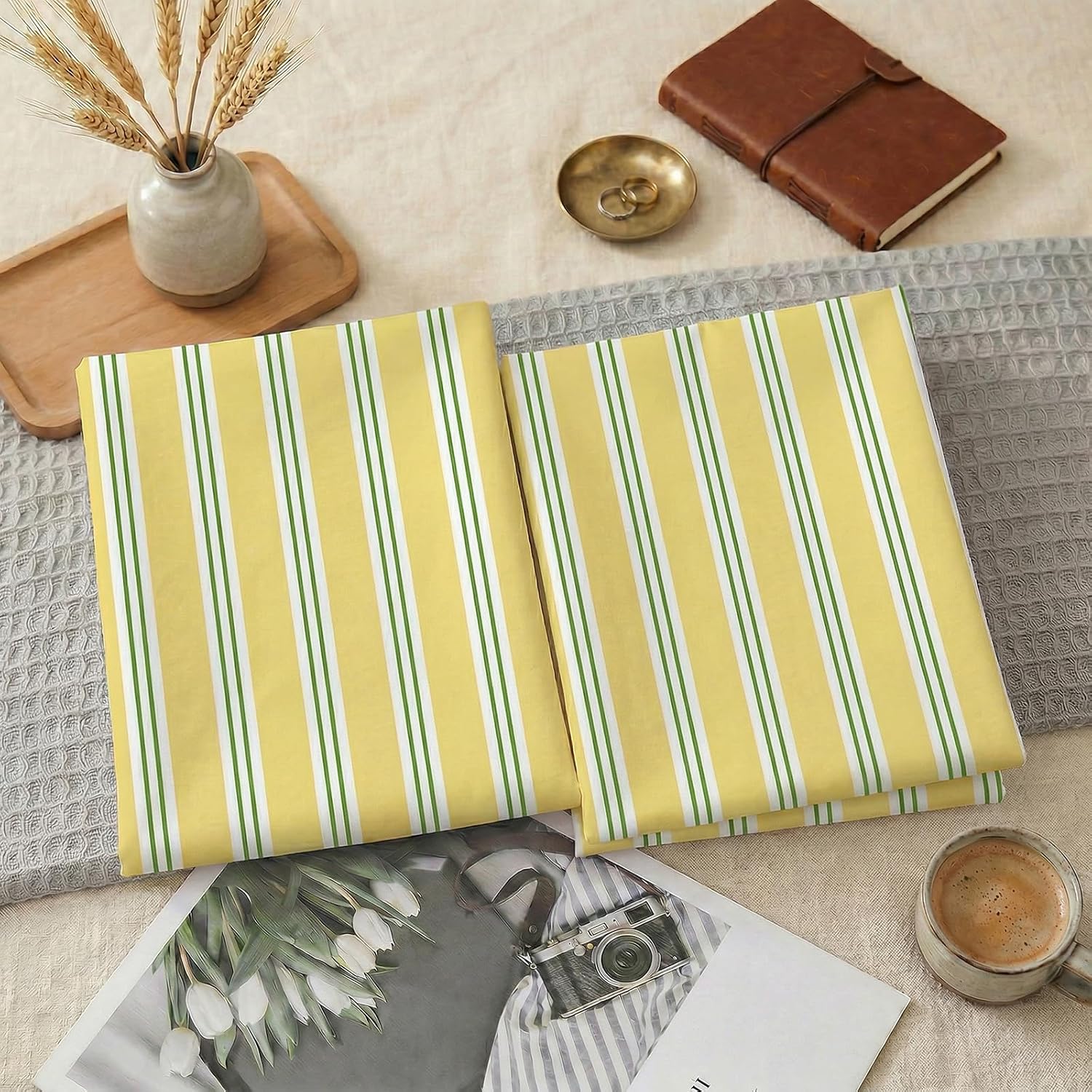 Merryword Standard Size Pillowcases, 100% Cotton Pillow Cases, Yellow and Green Striped Pillowcases, Soft Breathable Ribbon Stripe Pillow C…