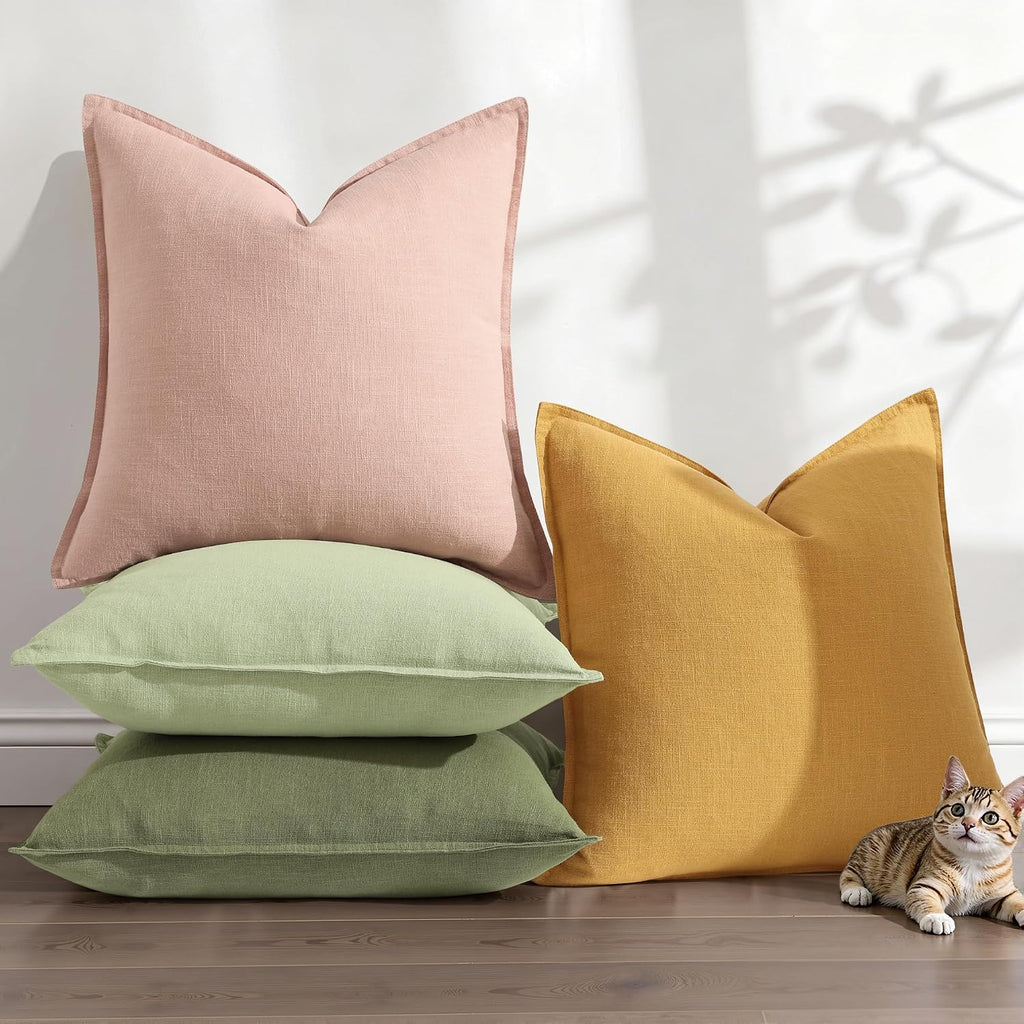 decorUhome Summer Decorative Linen Throw Pillow Covers 20x20 Inch Set of 2 Mustard Yellow Pillow Covers with Flange Edges Soft Farmhouse Bo…