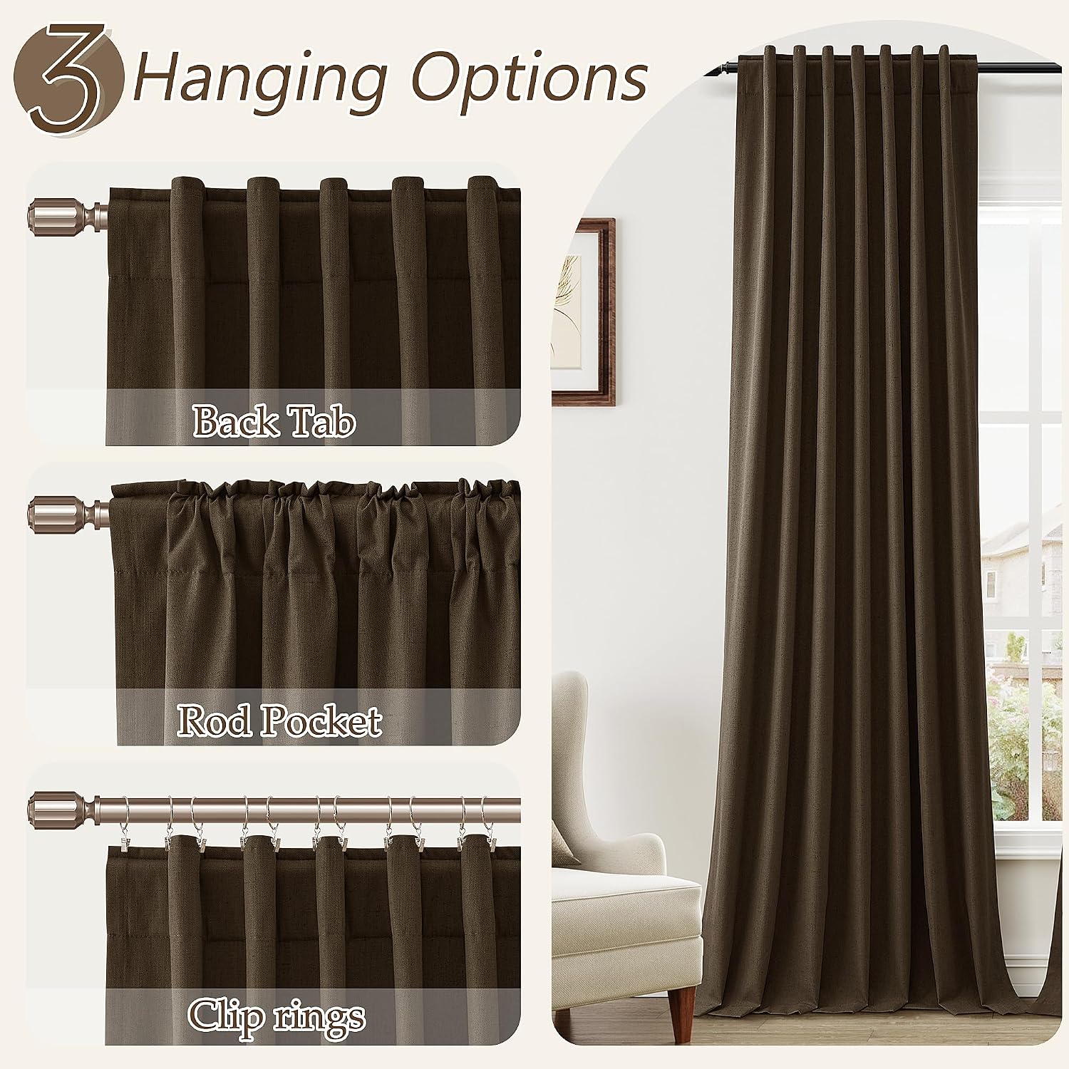 Guken 100% Blackout Curtains 90 Inch Length 2 Panels Set for Living Room Bedroom Back Tab Thermal Insulated Black Out Linen Drapes Room Dar…