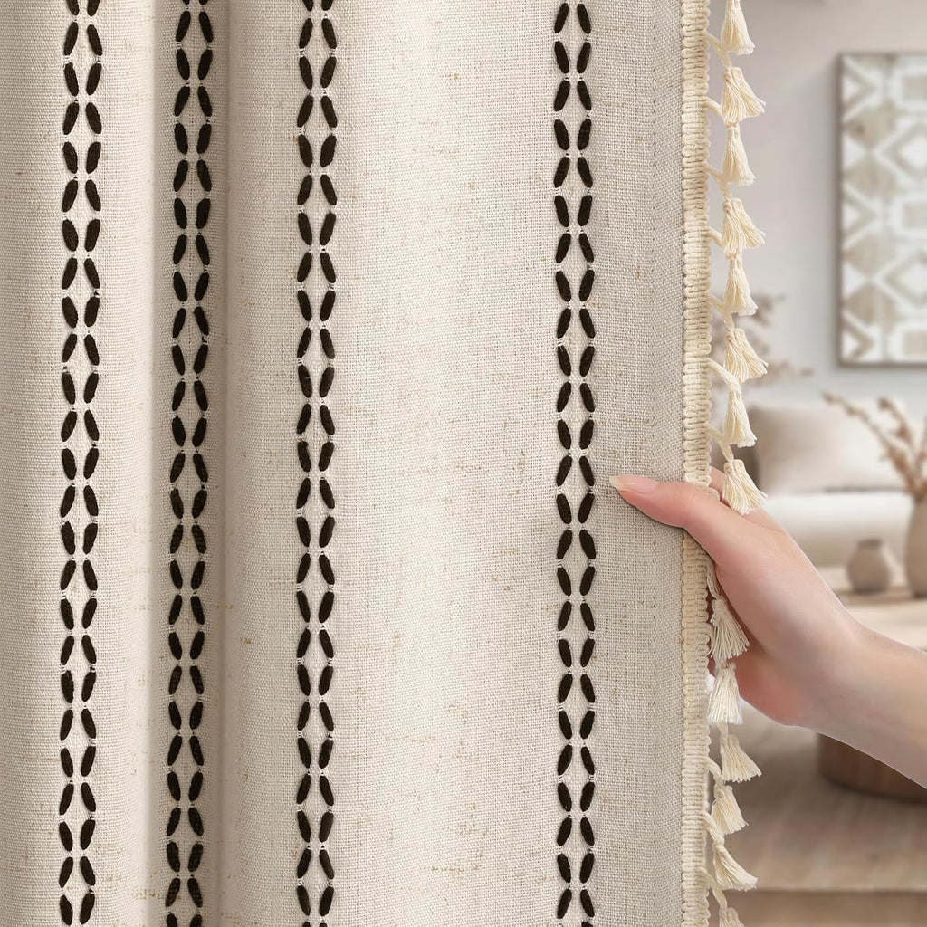 XOGUIBO Beige Boho Blackout Curtains 2 Panels 84 Inch for Living Room Bedroom, Linen Texture Farmhouse Curtains with Tassels and Bla…