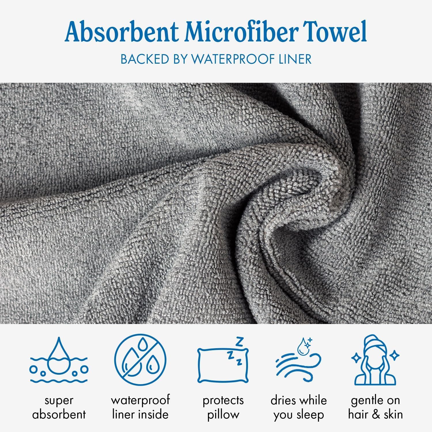 DryZzz Waterproof Towel Pillowcase 2 Pack Gray, Standard Size 29"x19" Dual-Sided Waterproof Pillow Covers for Wet & Dry Hair, Protects Agai…