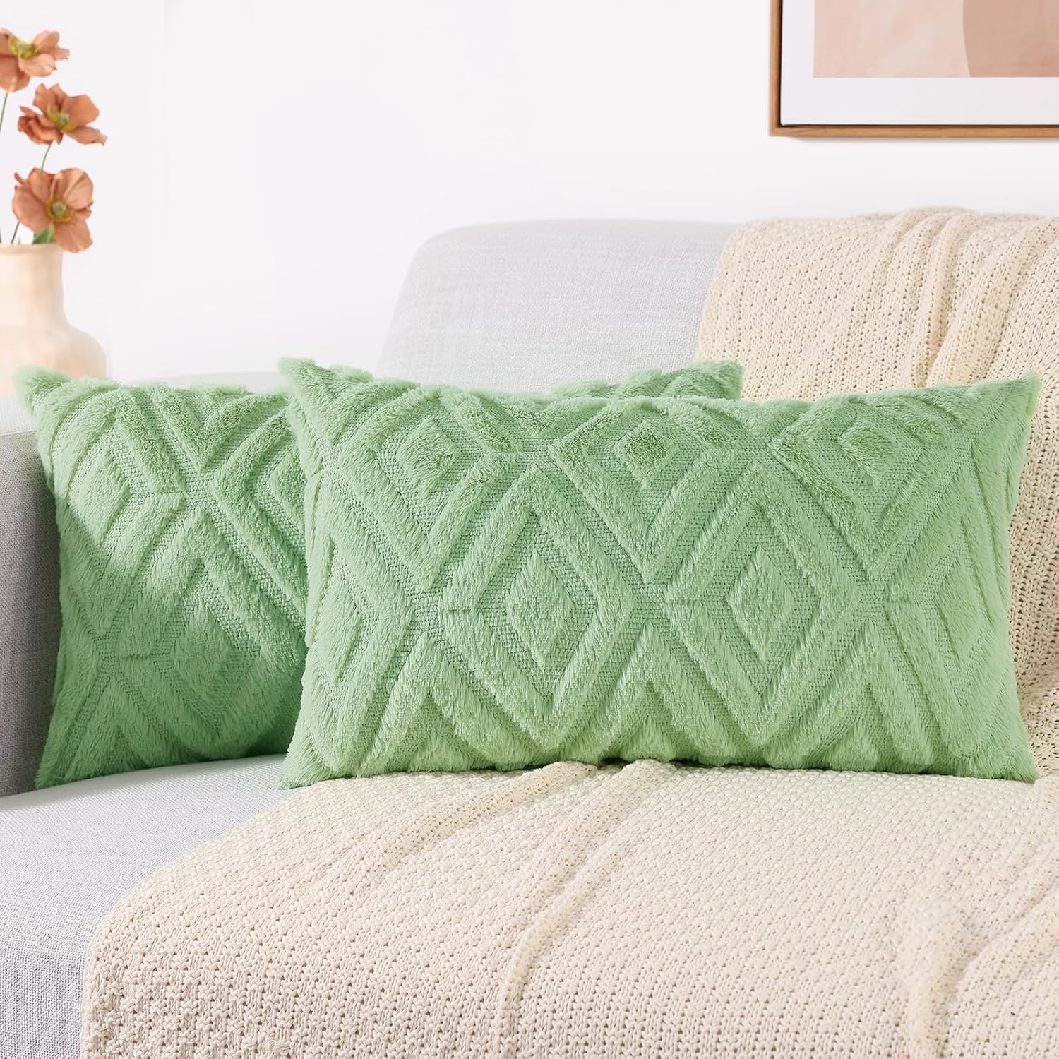 decorUhome Summer Couch Throw Pillow Covers 12x20 Set of 2, Decorative Soft Plush Faux Fur Wool Lumbar Accent Pillow Covers for Modern Farm…