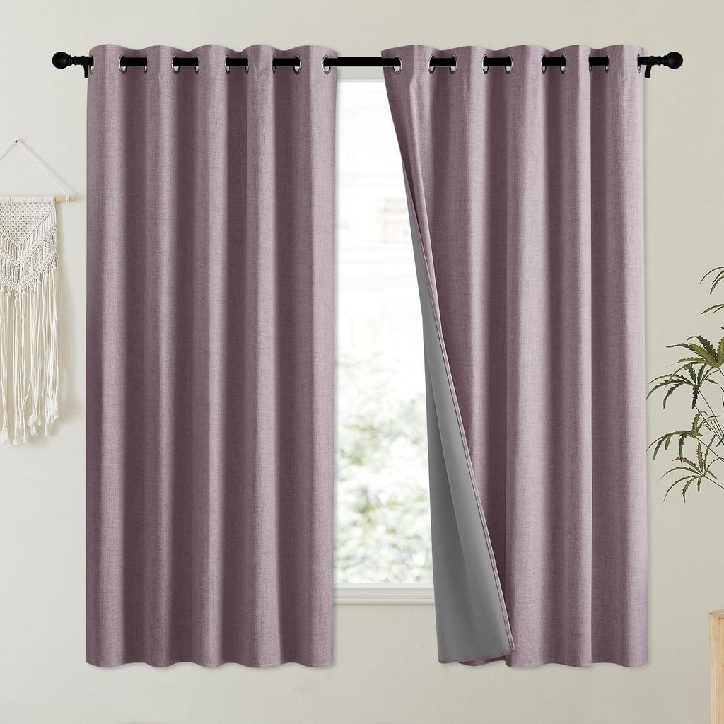 NICETOWN Chaise Mauve Vintage Linen 100% Blackout Curtains for Kitchen, Thermal Insulated Curtains 63" Long, Noise Reducing Window…