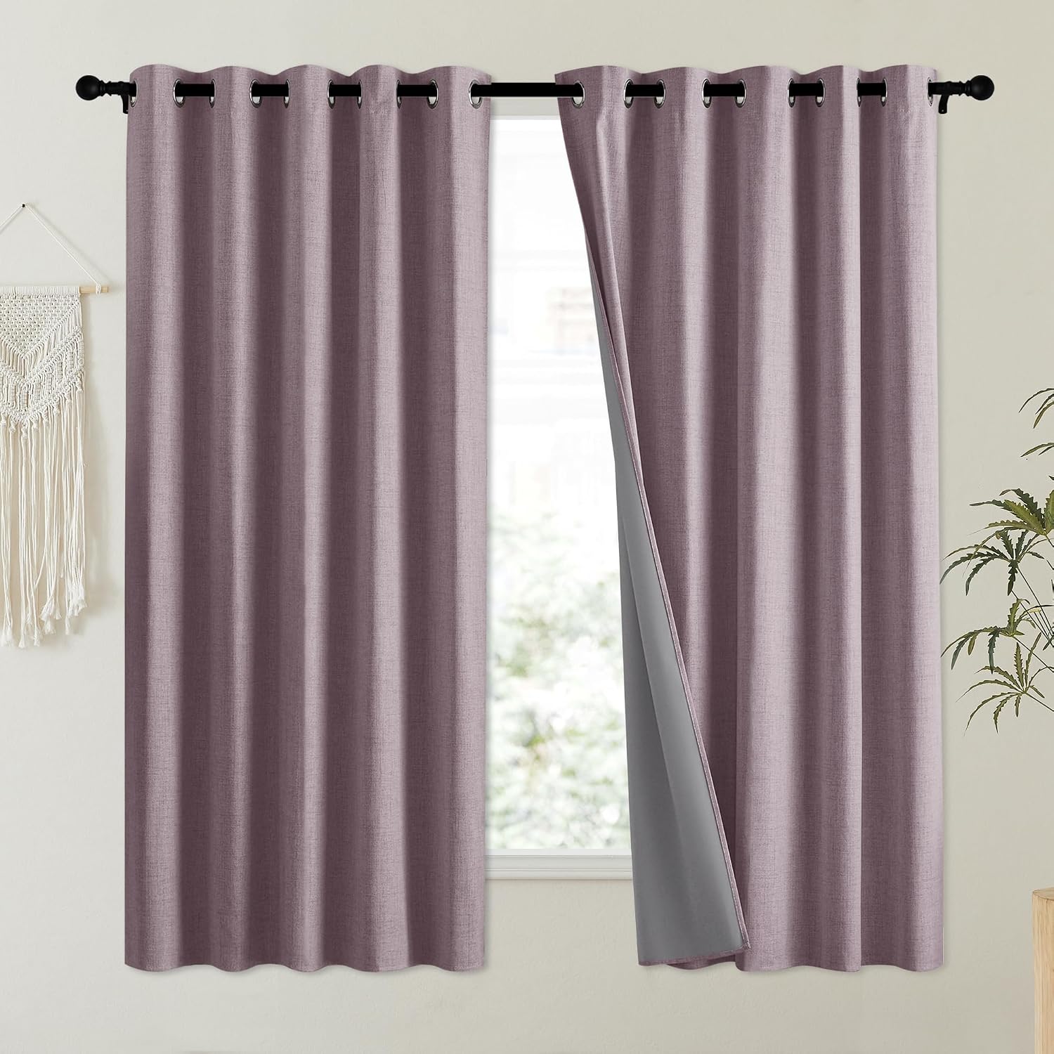NICETOWN Chaise Mauve Vintage Linen 100% Blackout Curtains for Kitchen, Thermal Insulated Curtains 63" Long, Noise Reducing Window…