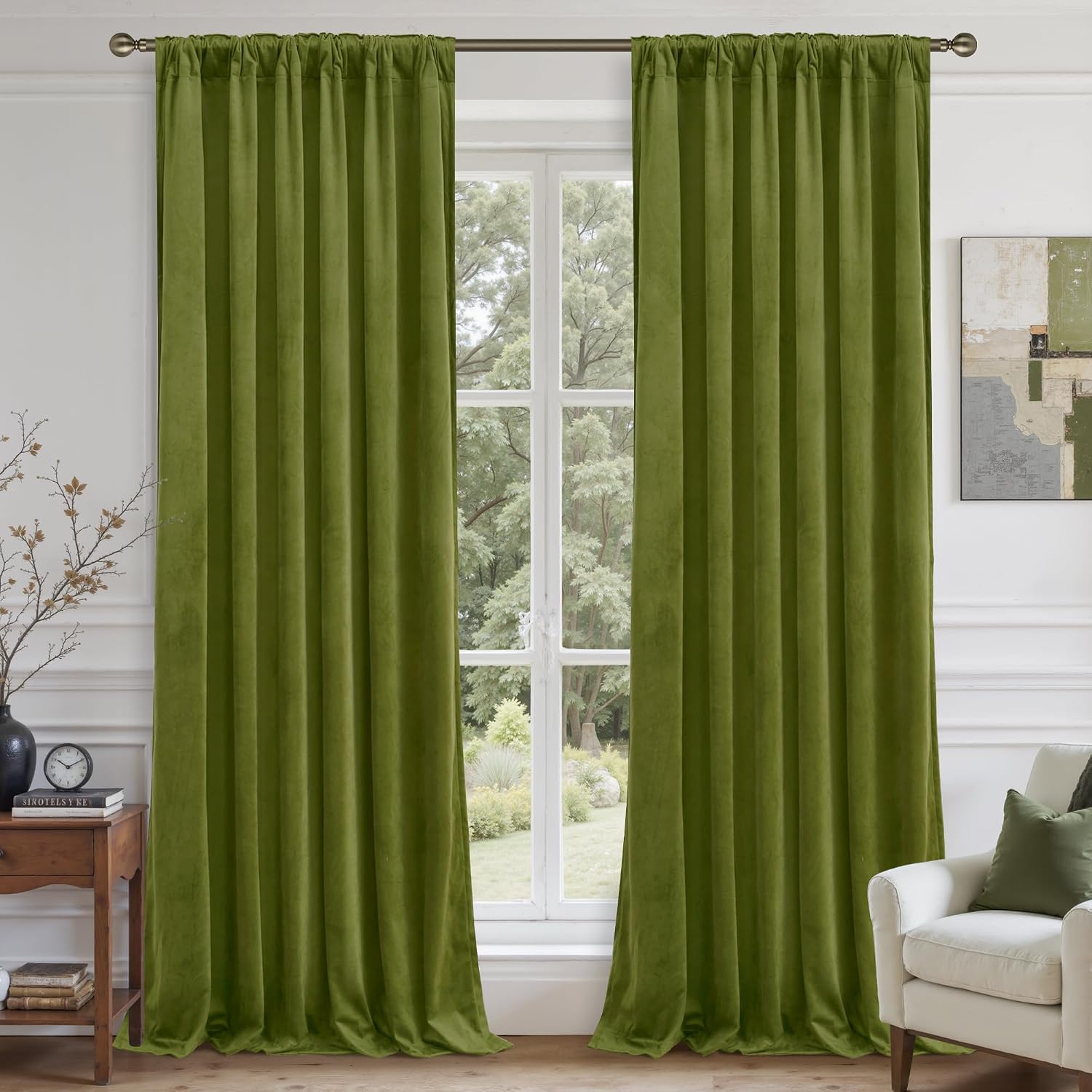 Lamit Moss Green Velvet Curtains for Living Room, 120 Inches Thermal Insulated Room Darkening Panels Super Soft Back Tab and Rod Pocket Win…