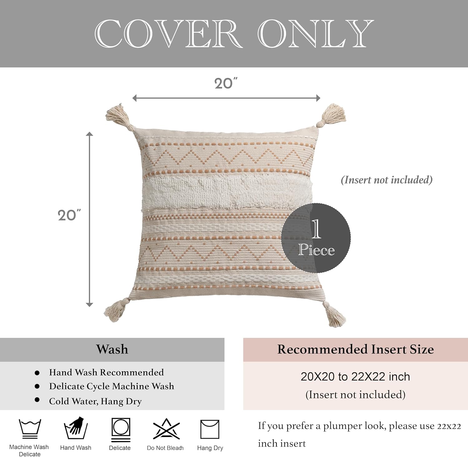 BlissBlush 20X20 Throw Pillow Cover, Cream Neutral Beige Square Decorative Cushion Cover, Boho Accent Pillowcase with Tufted Details and…