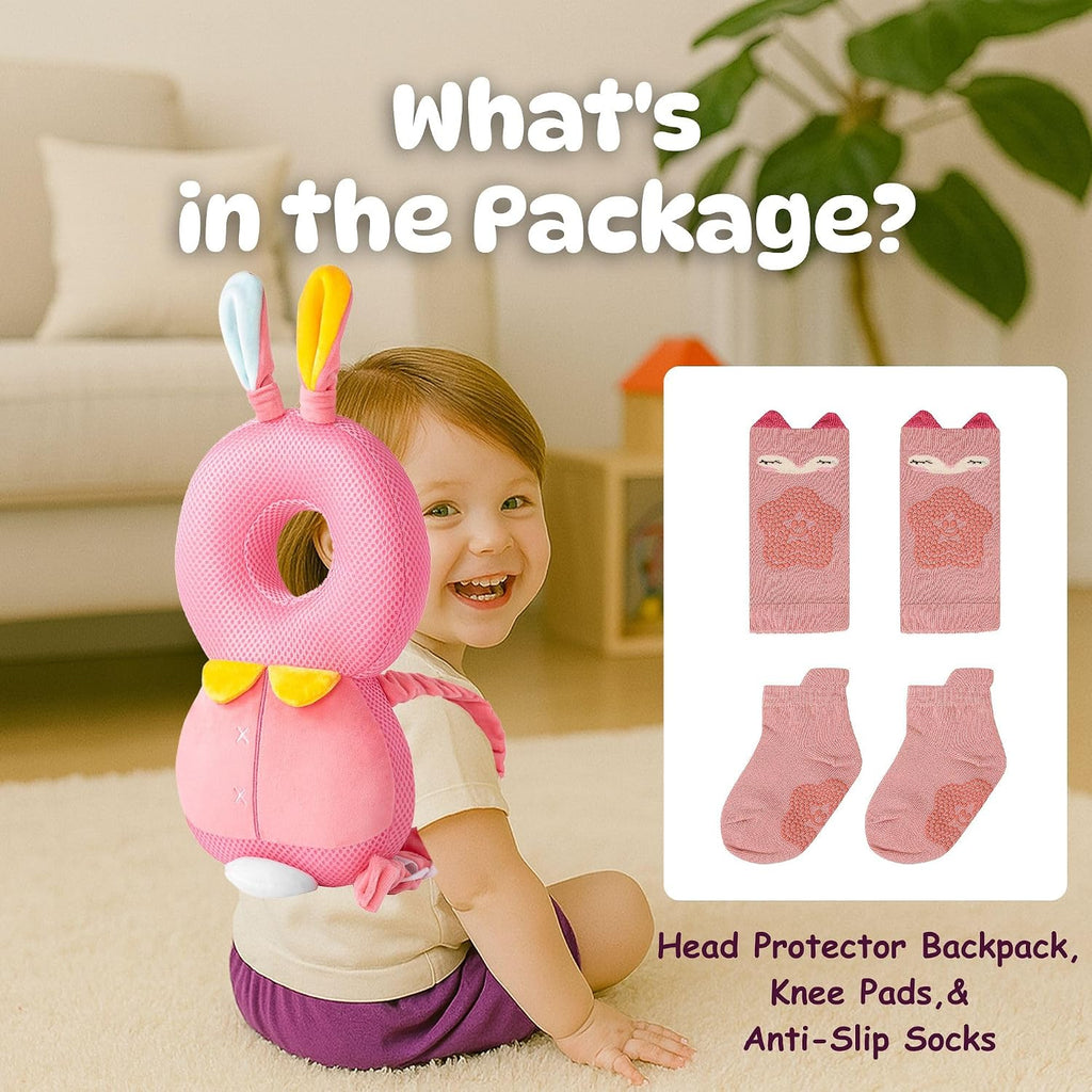 Baby Head Protector Backpack (9 to 24 Months) - Cute Head Guard Pillow with Knee Pads and Socks, Baby Shower Gift, Baby Safety Set…