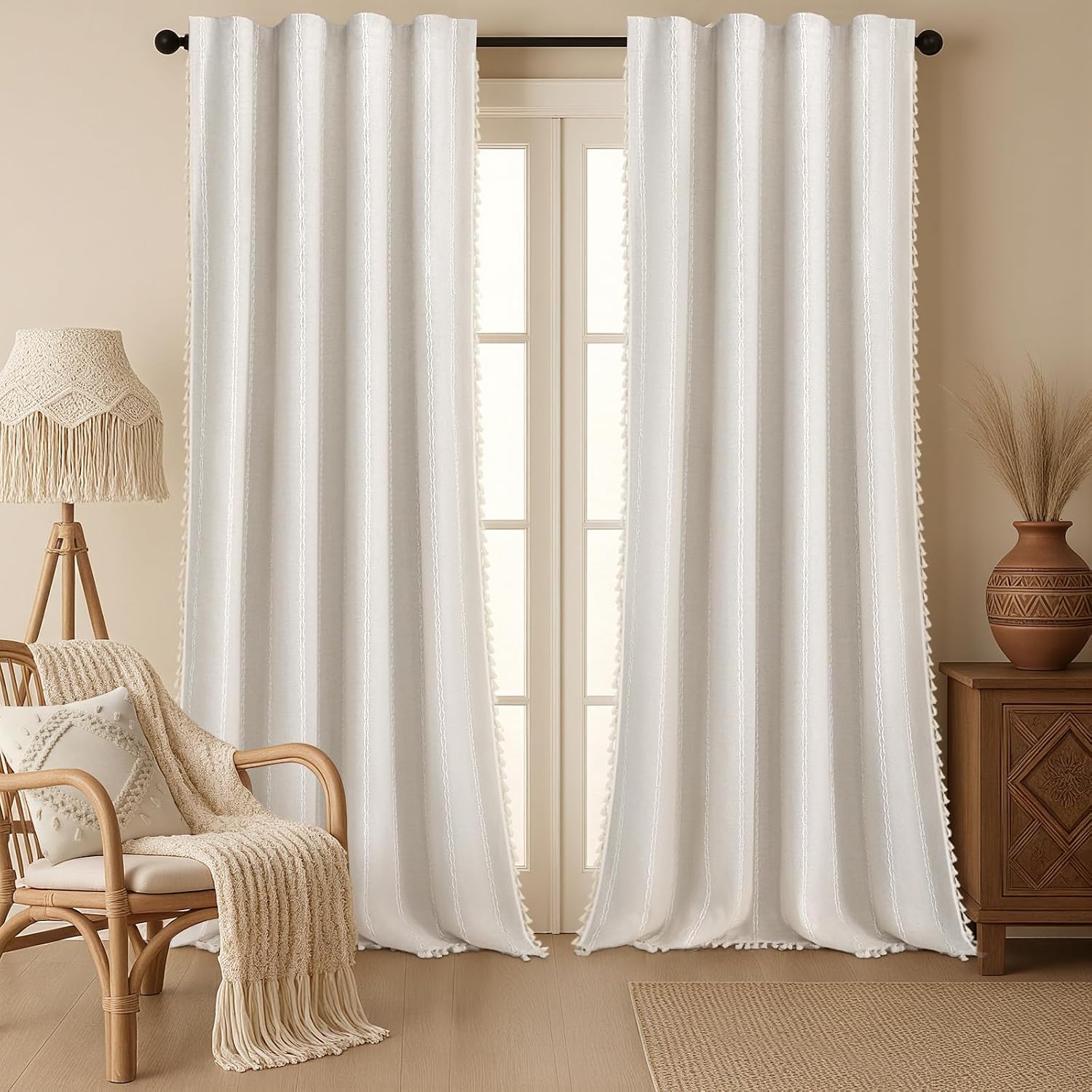 XOGUIBO Boho 80% Blackout Curtains with Gray Liner 96 Inches Long 2 Panels Set, Beige Linen Blend Drapes with Tassels and Cotton Emb…