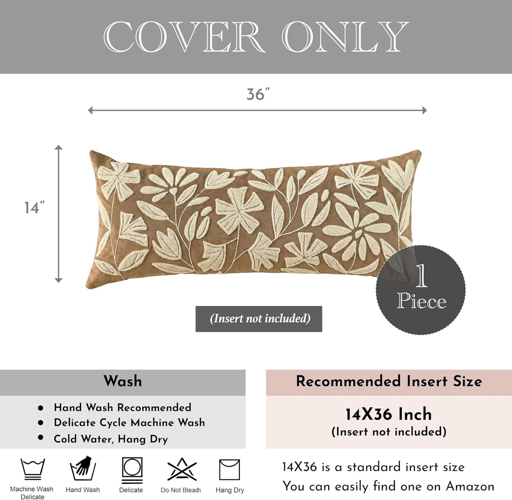 BlissBlush 14x36 Lumbar Pillow Cover for Bed, Brown Rectangular Long Throw Pillowcase, Embroidered Velvet Floral Tufted Farmhouse Accent…
