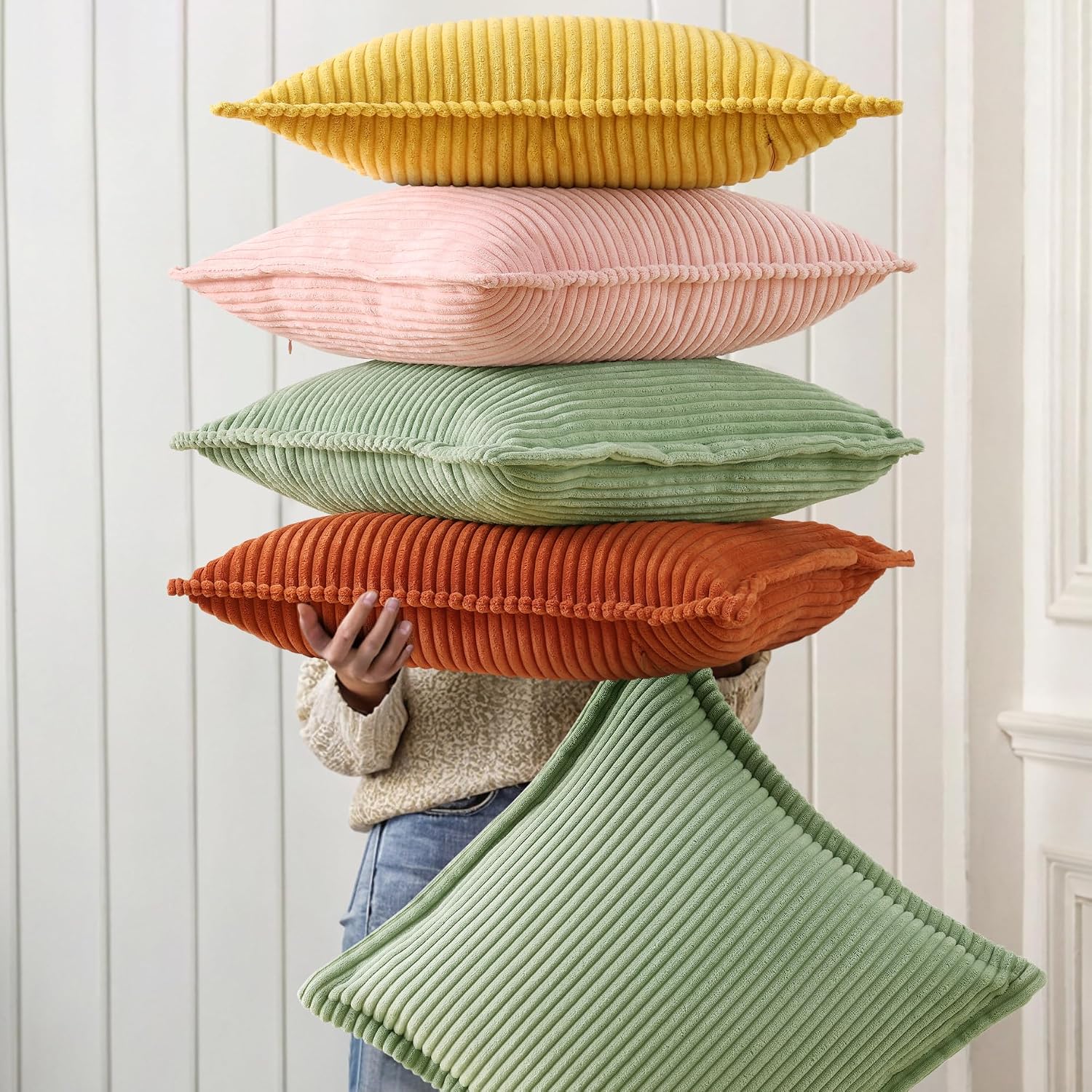 decorUhome Summer Corduroy Mustard Yellow Euro Sham Throw Pillow Covers 22x22 Set of 2 Decorative Soft Boho Farmhouse Couch Pillow Covers f…