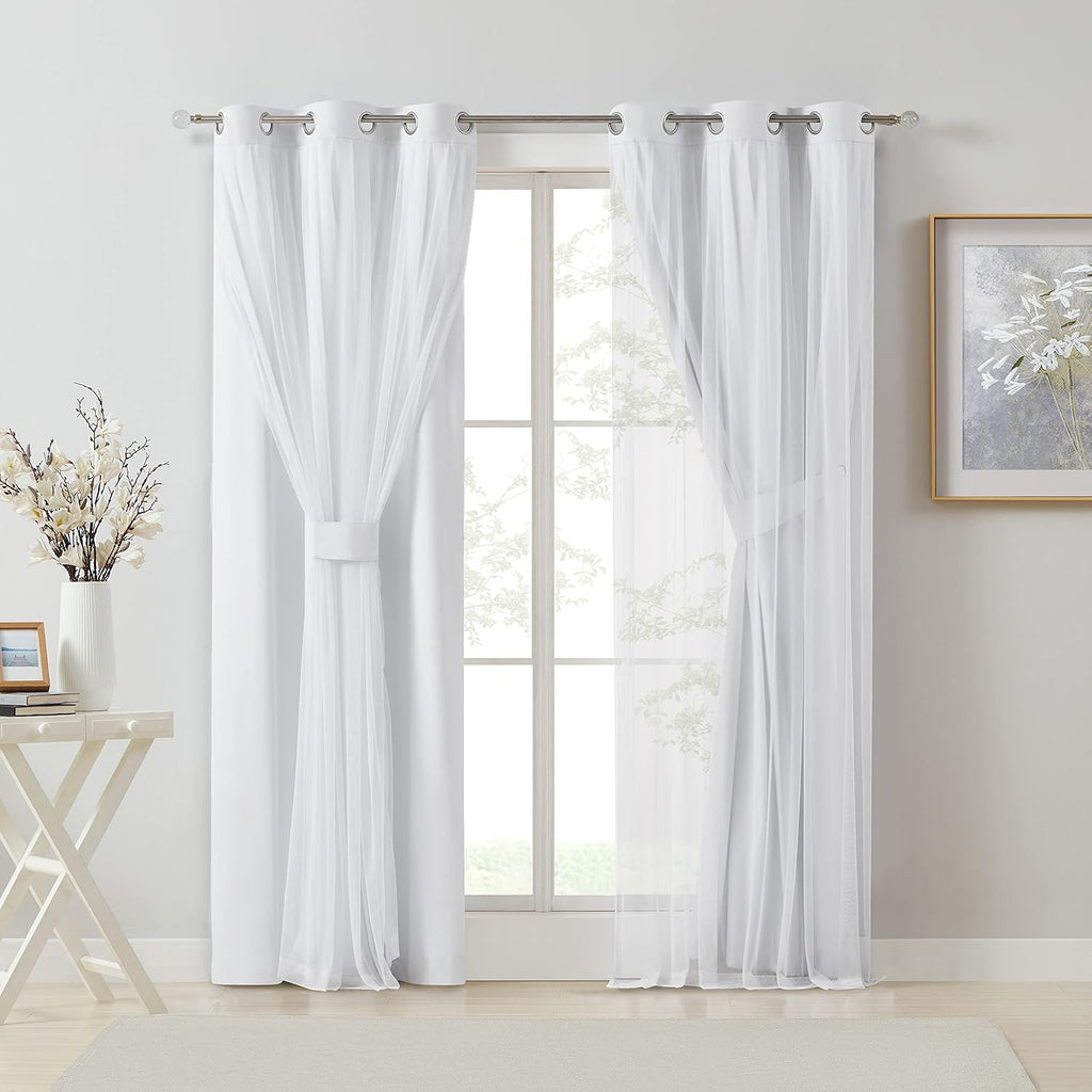 Bujasso White Full Blackout Curtain Panels with Sheer Overlay Mix and Match Double Layer Thermal Insulated Window Treatment Set for Living…