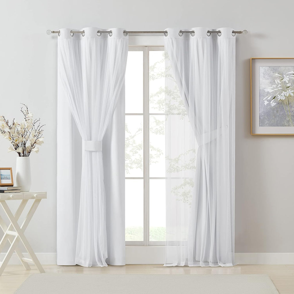 Bujasso White Full Blackout Curtain Panels with Sheer Overlay Mix and Match Double Layer Thermal Insulated Window Treatment Set for Living…