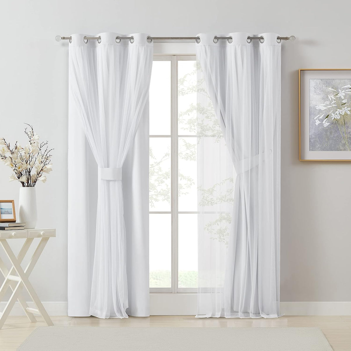 Bujasso White Full Blackout Curtain Panels with Sheer Overlay Mix and Match Double Layer Thermal Insulated Window Treatment Set for Living…