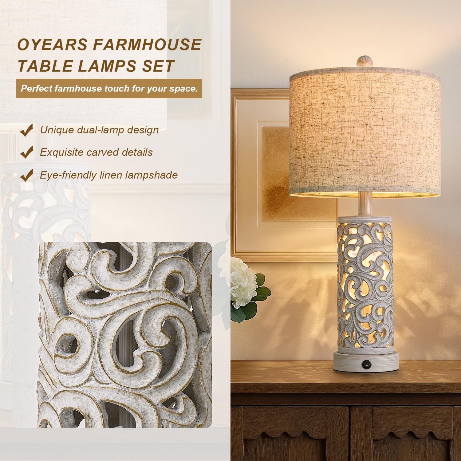 OYEARS Bedside Table Lamps Set of 2 with USB & Night Light, 22'' Farmhouse Bedroom Lamps for Nightstand, Vintage Table Lamps for Bedroom…