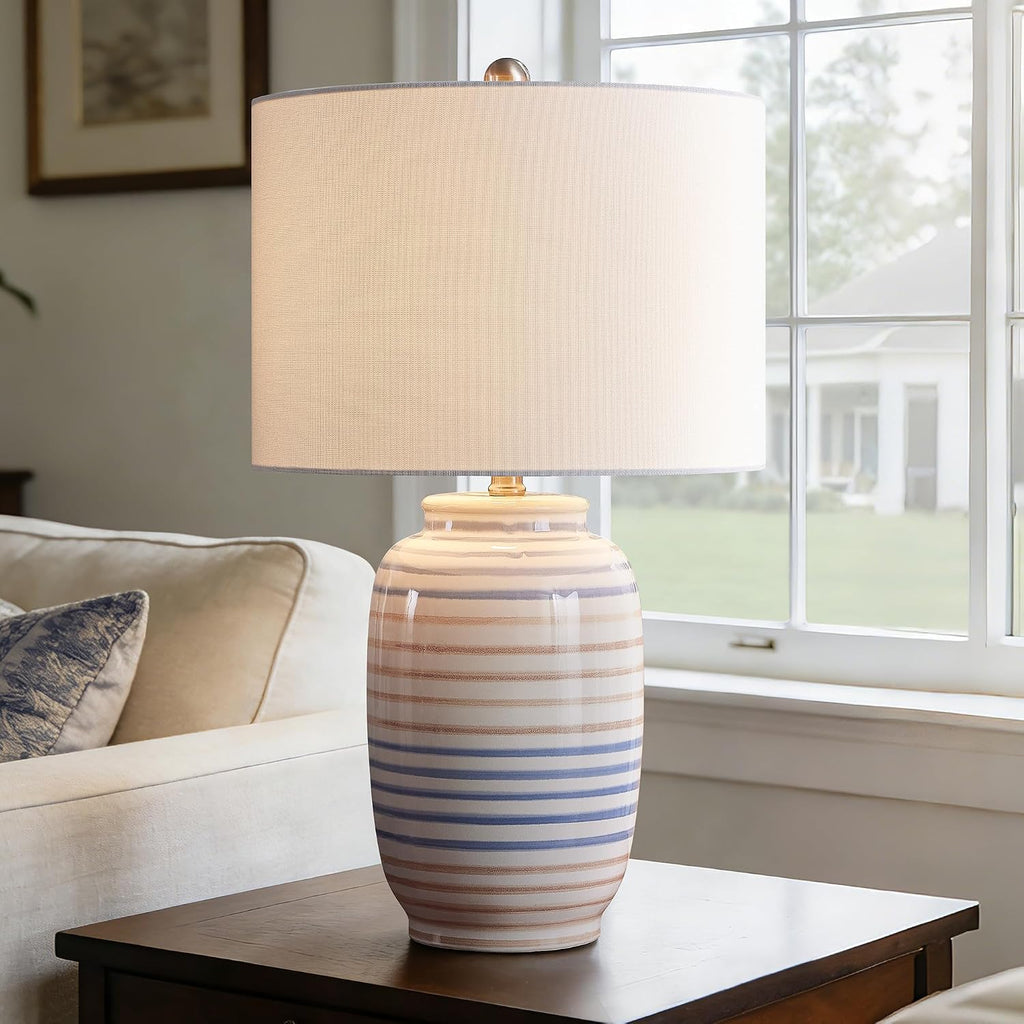 Maxax Modern Ceramic Table Lamp for Bedroom, 25" White Bedside Lamp for Living Room, Farmhouse End Table Lamp with White Farice for…
