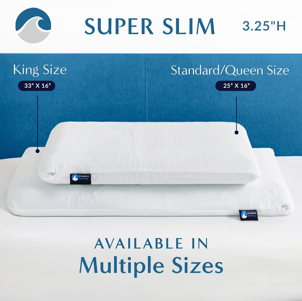 BluewaveBedding Bluewave Bedding Super Gel Memory Foam Pillow for Stomach and Back Sleepers - Thin, Flat Design for Cervical Neck Alig…