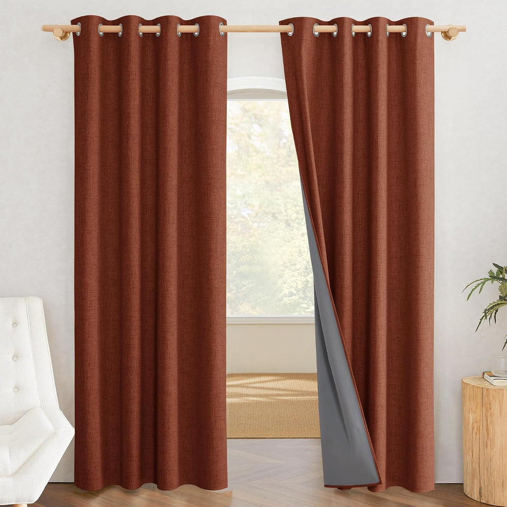 NICETOWN 100% Absolutely Blackout Linen Curtains with Thermal Insulated Liner, 52" Wide, 2 Panels, 90" Long Drapes, Grommet Retro Burnt…