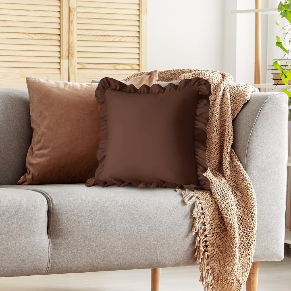 KKJIAF Ruffle Pillow Cases 26x26 Inches, Brown Square Ruffled Pillow Covers Set of 2, Microfiber Wrinkle Resistant Pillow Shams with…