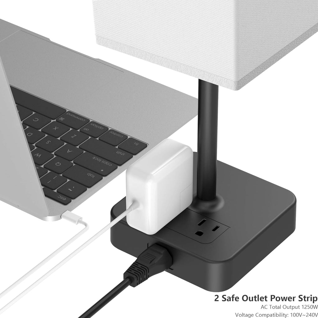 Bedside Table Lamp with Touch Control & USB C+A Charging Ports LED Desk Lamp with 2 AC Outlets, Minimalist Nightstand Light with Black…