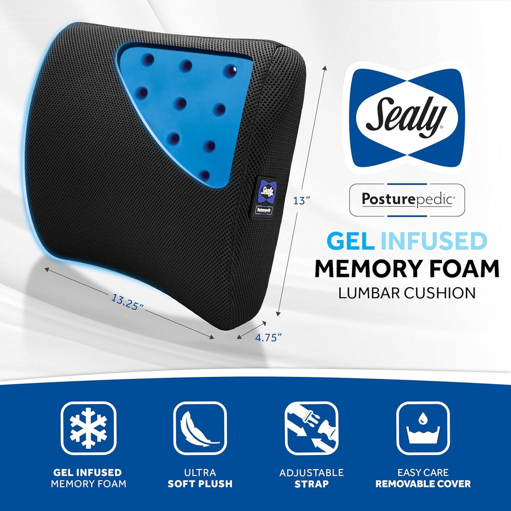 Sealy Lumbar Support Pillow with Cooling Gel – Ergonomic Office Chair Cushion for Back Support – Memory Foam Back Pillow for Car, Office…