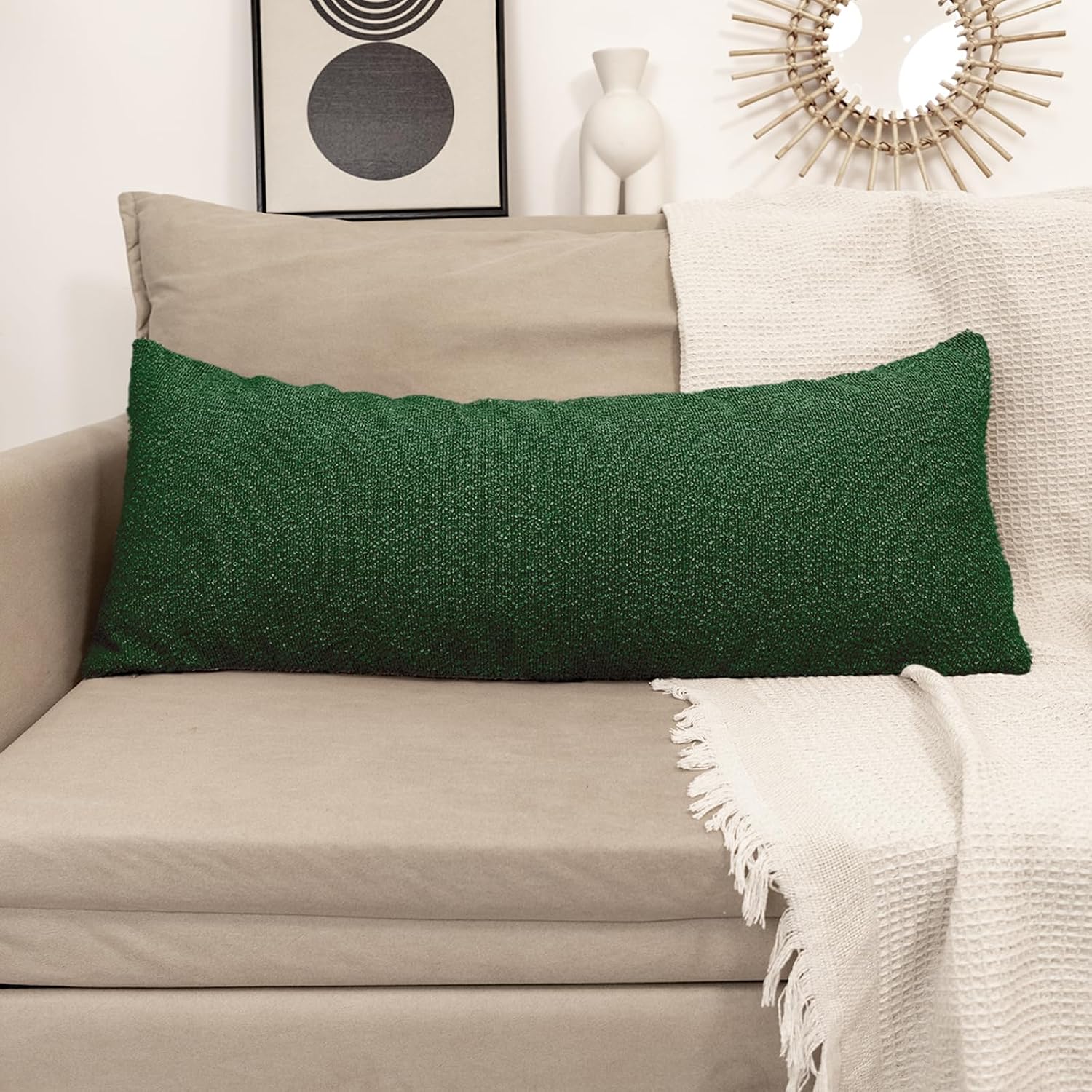 JoraLion 20x54 inch Neutral Boucle Body Pillow Cover, Forest Green Long Pillow Cover Cozy Soft Cushion Case for Couch Sofa Bed Living…
