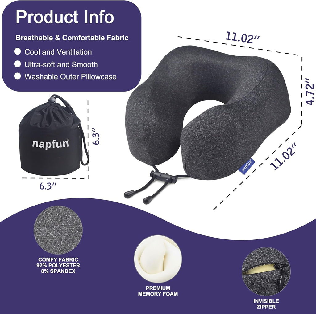 napfun Neck Pillow for Traveling, Upgraded Travel Neck Pillow for Airplane 100% Pure Memory Foam Travel Pillow for Flight Headrest Sleep…
